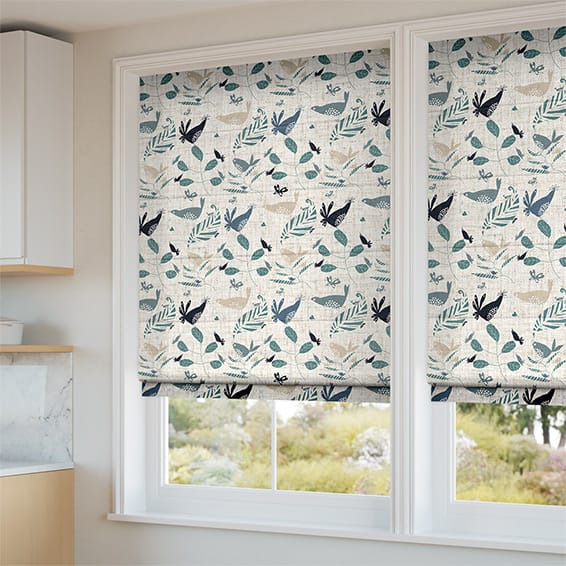 Hygge Birds Vintage Linen Pastoral Blue Roman Blind