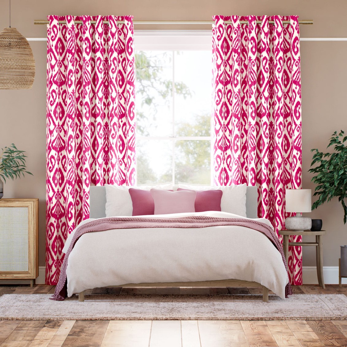 Ikat Damask Cherry Curtains