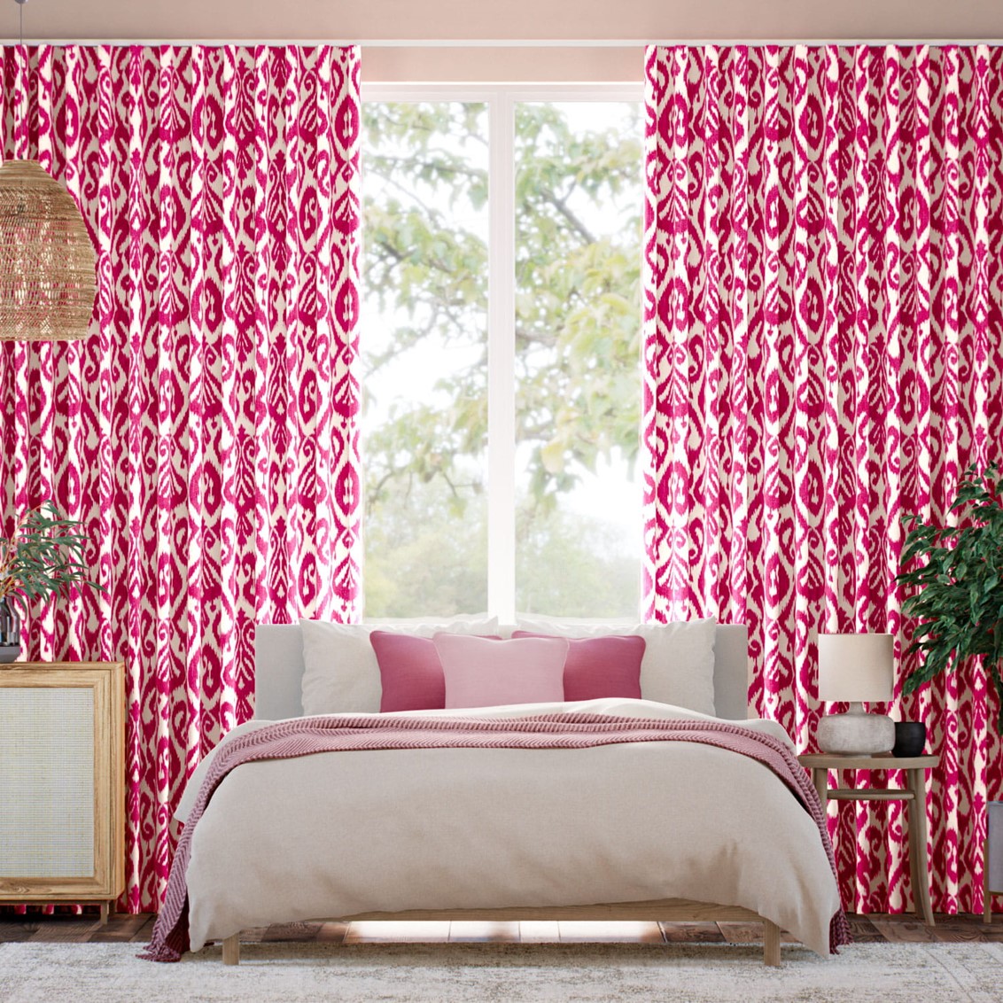 Ikat Damask Cherry Curtains