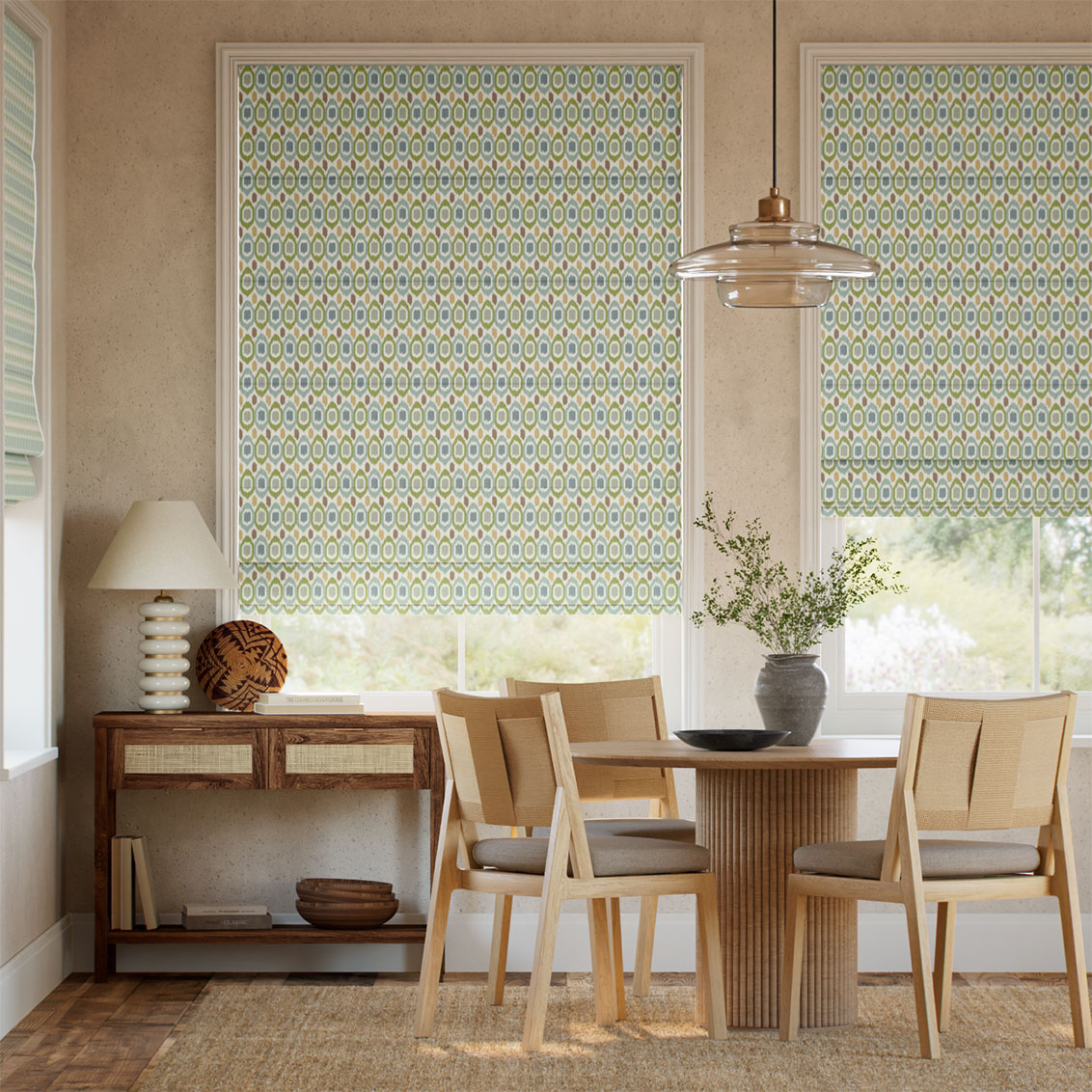 Inca Spot Green & Aqua Roman Blind