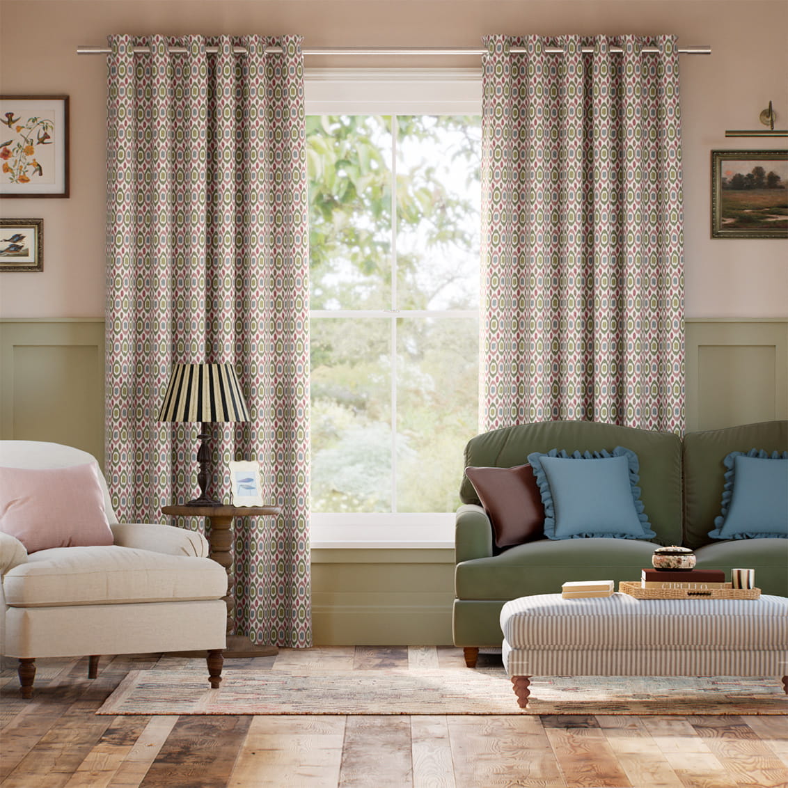 Inca Spot Green & Blush Curtains
