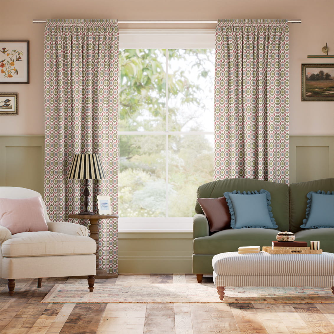 Inca Spot Green & Blush Curtains