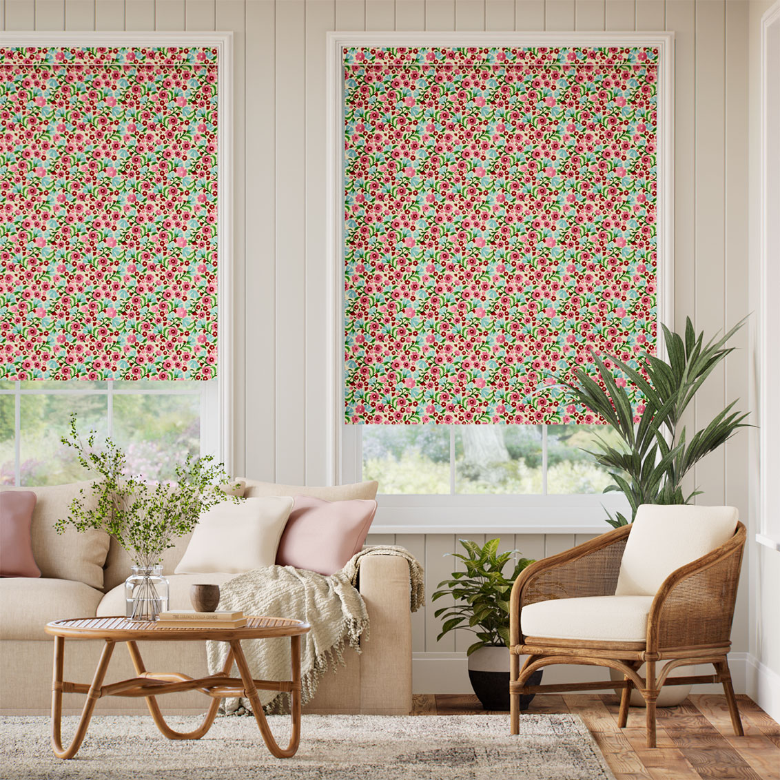 Indian Summer Ditsy Rose Pink & Polka Dot Red Roller Blind