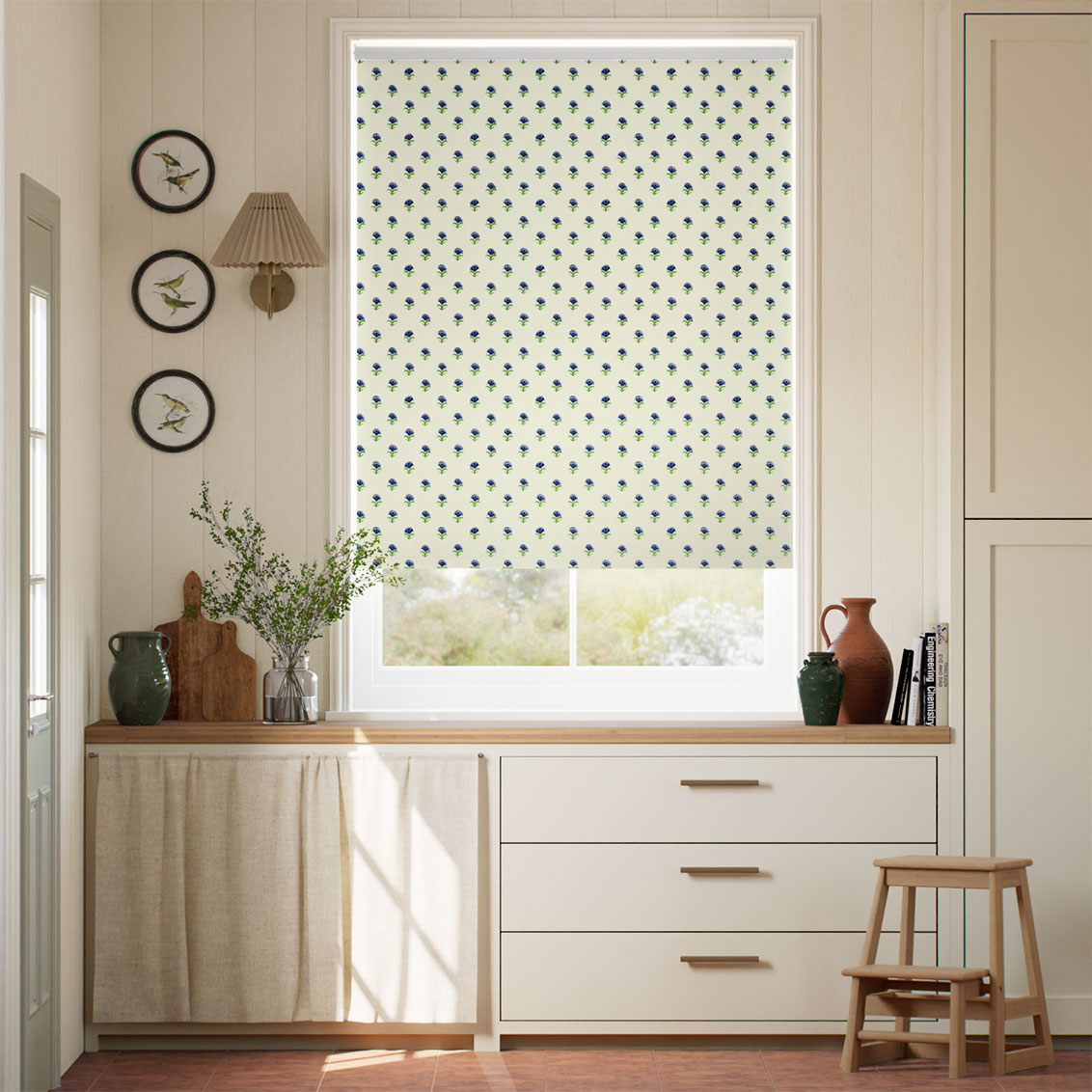 Indian Summer Flowers Cobalt & Duck Egg Roller Blind