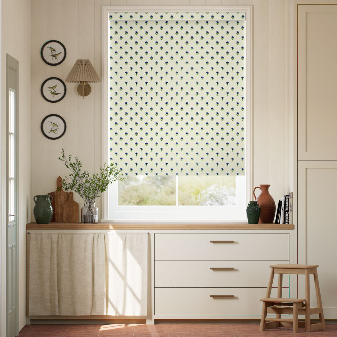 Indian Summer Flowers Cobalt & Duck Egg Roller Blind