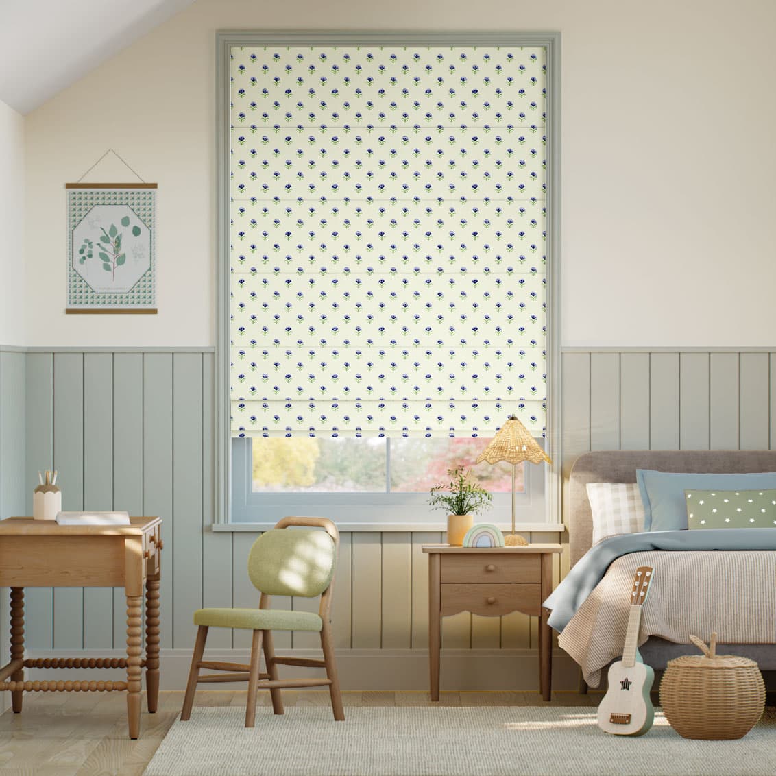 Indian Summer Flowers Cobalt & Duck Egg Roman Blind