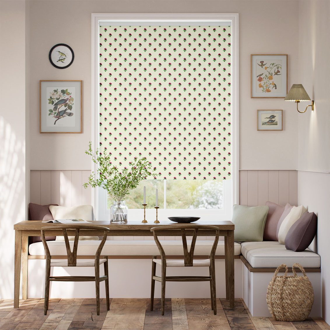 Twist2Go Indian Summer Flowers Rose Pink & Polka Dot Red Roller Blind