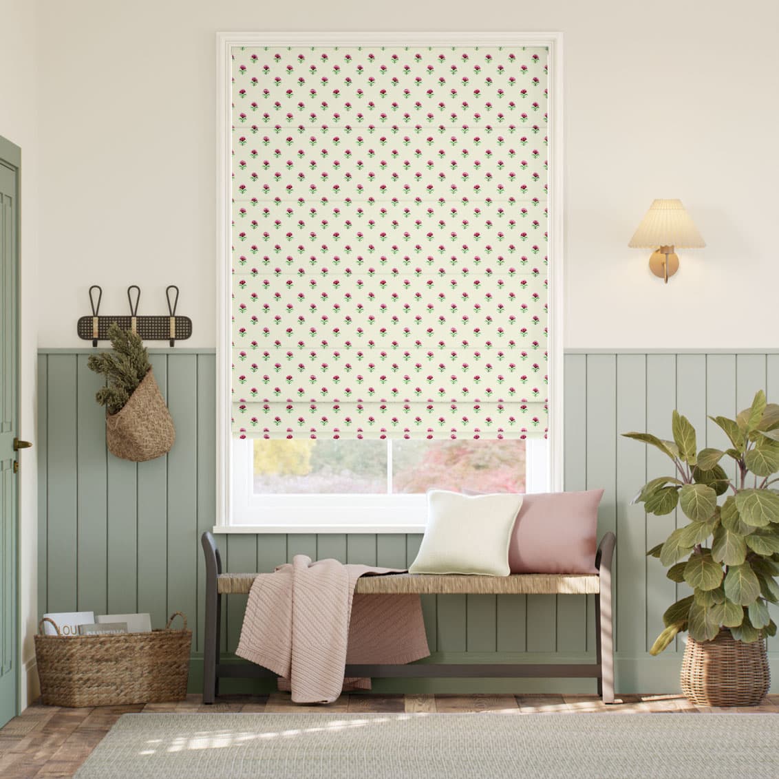 Indian Summer Flowers Rose Pink & Polka Dot Red Roman Blind