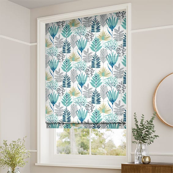 Layered Leaves Lagoon Roman Blind