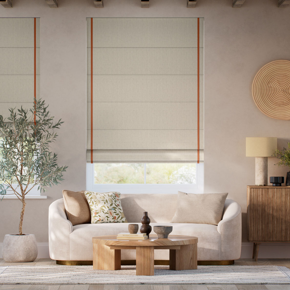 Linen Hopsack & Paleo Linen Pumpkin Inset Border Roman Blind