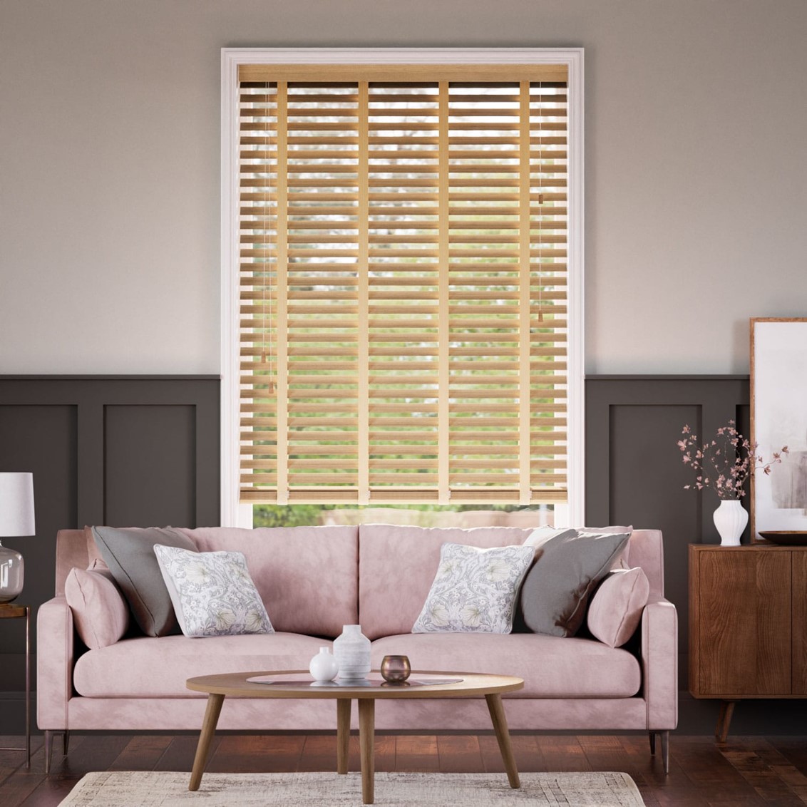 Majestic Oak & Sand Faux Wood Blind - 50mm Slat