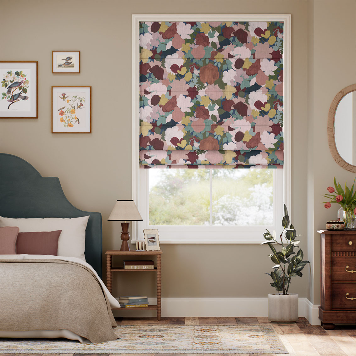 Marina's Tea Garden Burgundy Blush Roman Blind