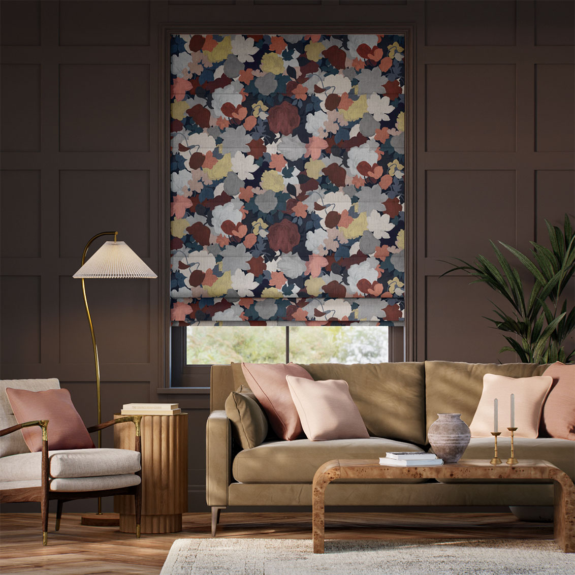 Marina's Tea Garden Midnight Terracotta Roman Blind