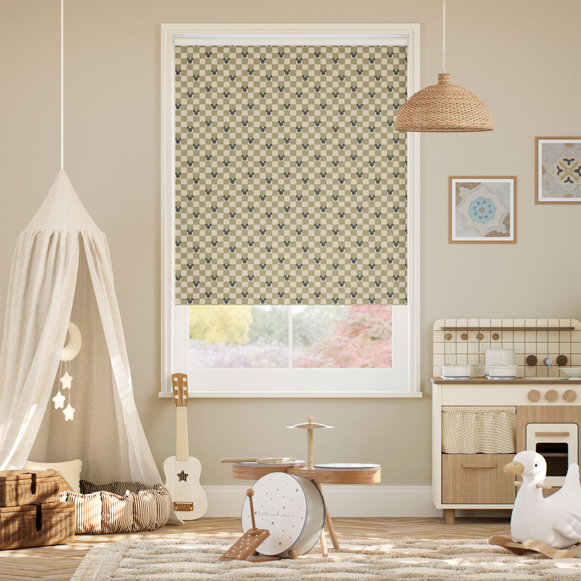 Mickey Checks Blackout Sage Roller Blind