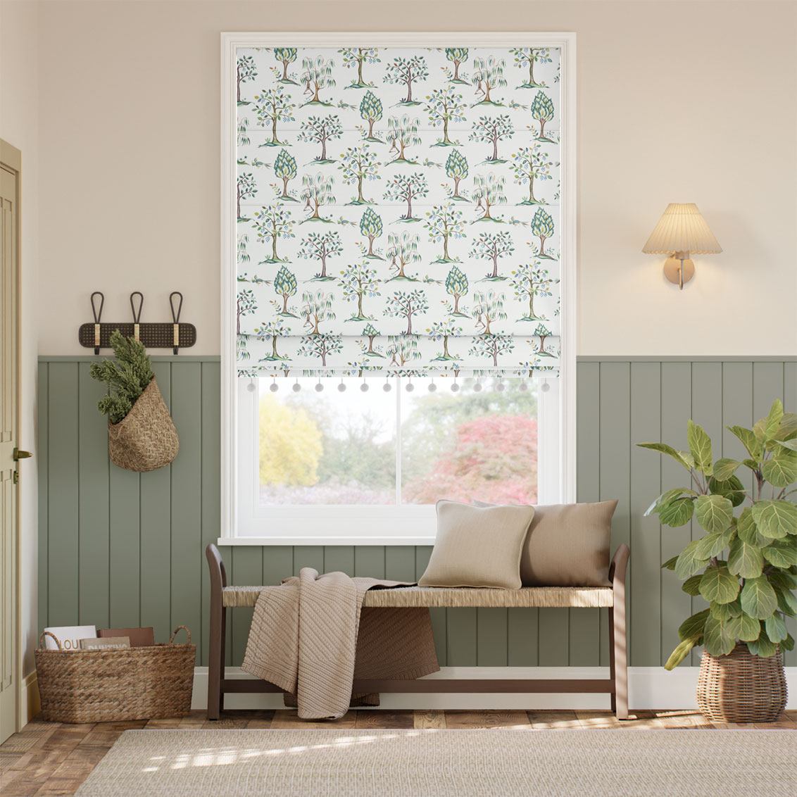 Monkey Tree Pom-Pom Blue & Green Roman Blind