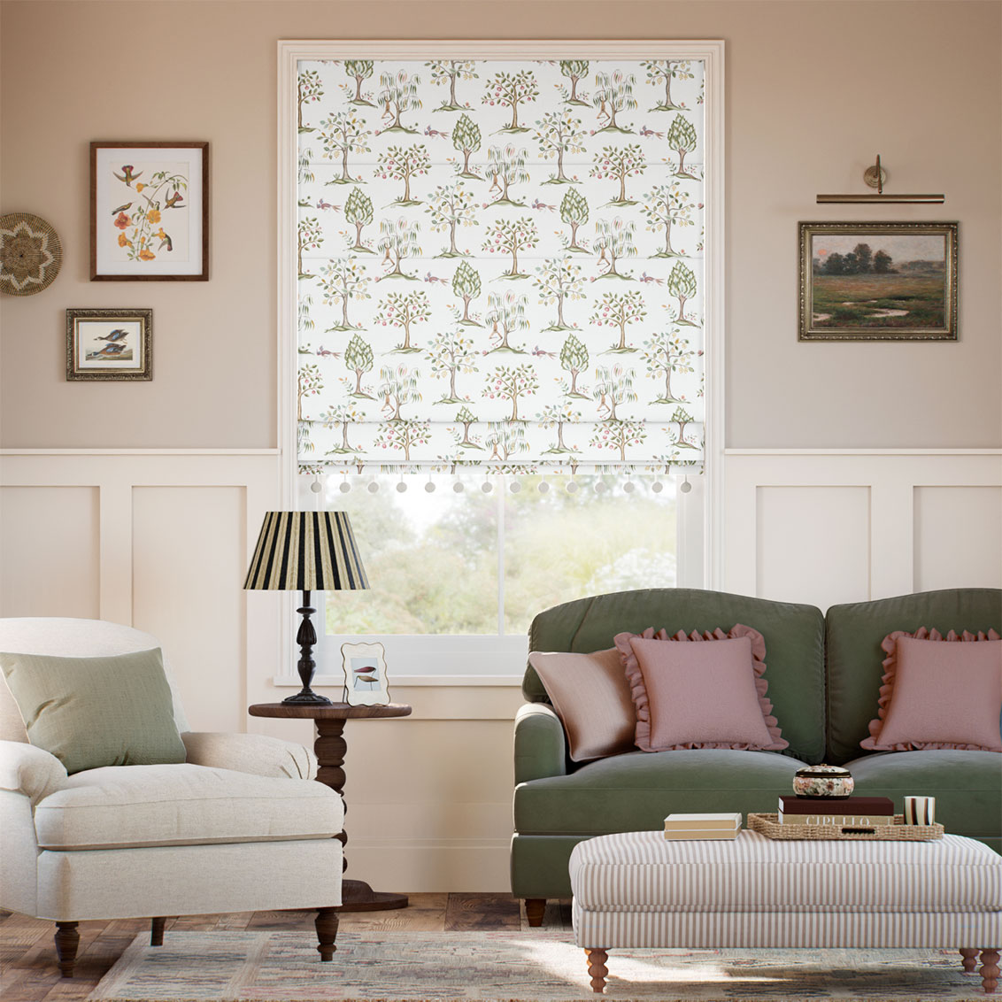 Monkey Tree Pom-Pom Green & Blush Roman Blind