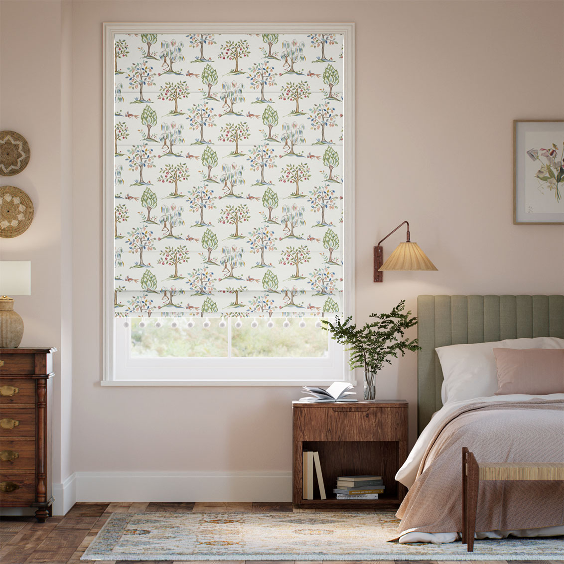 Monkey Tree Pom-Pom Green, Red & Blue Roman Blind