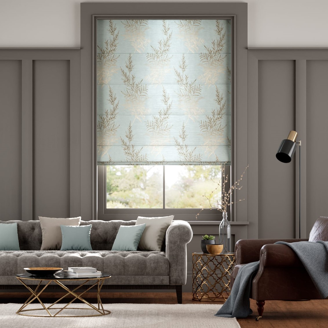 Electric Moonlit Fern Faux Silk Pastel Blue Roman Blind