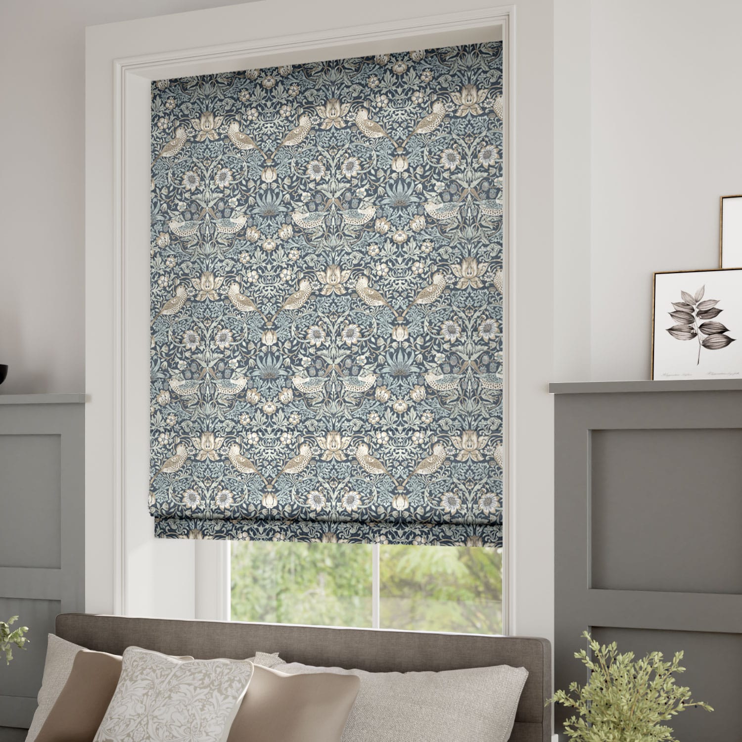 William Morris Strawberry Thief Tawny Blue Roman Blind