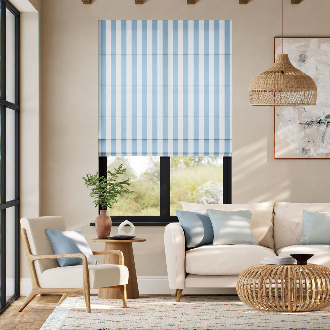 Pantone Dream Blue - Block Stripe Roman Blind