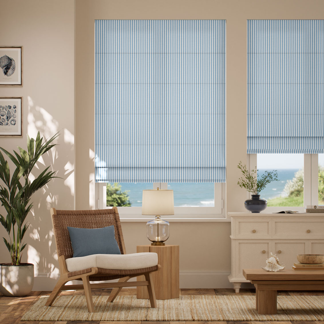 Pantone Dream Blue - Fine Stripe Roman Blind