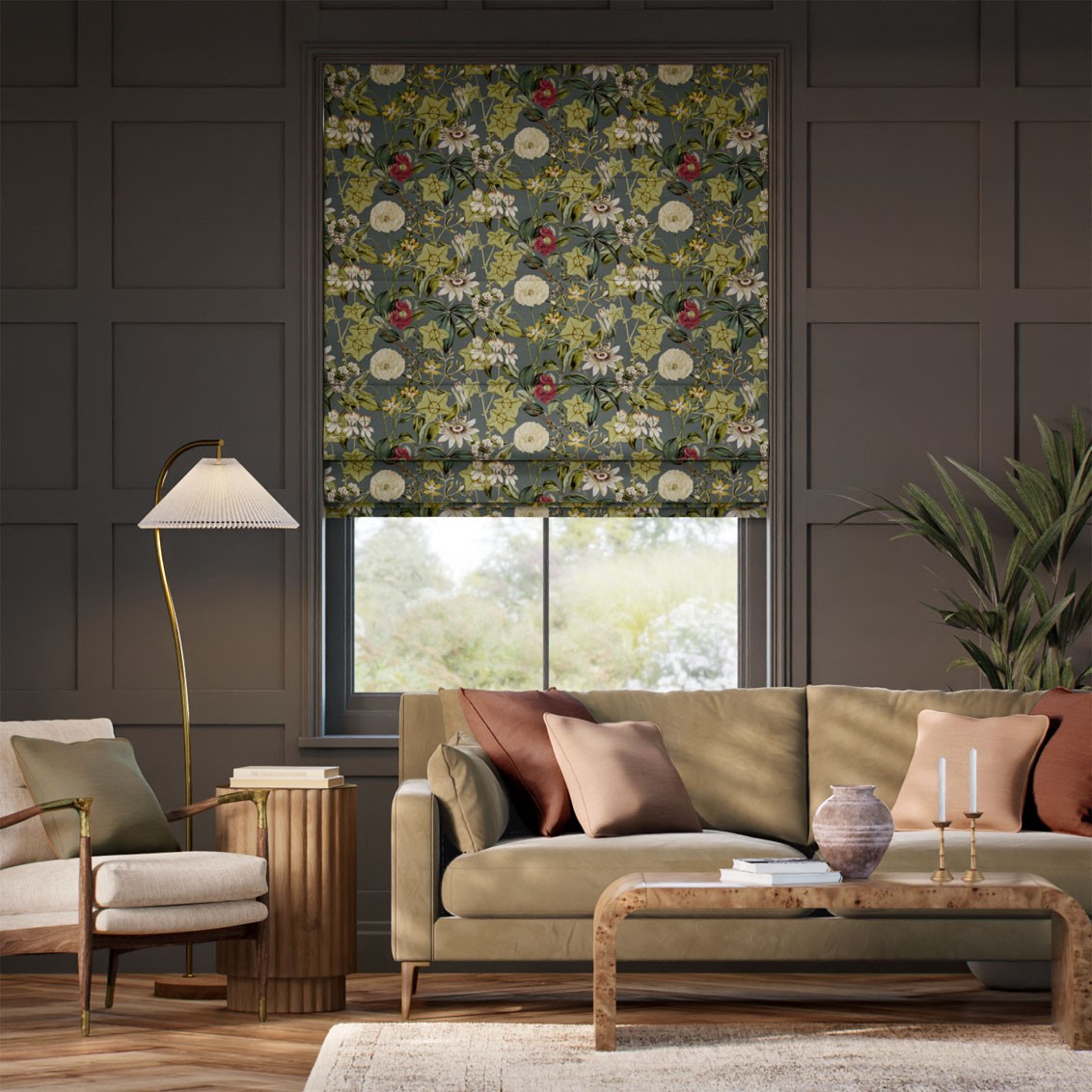 Passiflora Velvet Slate Roman Blind
