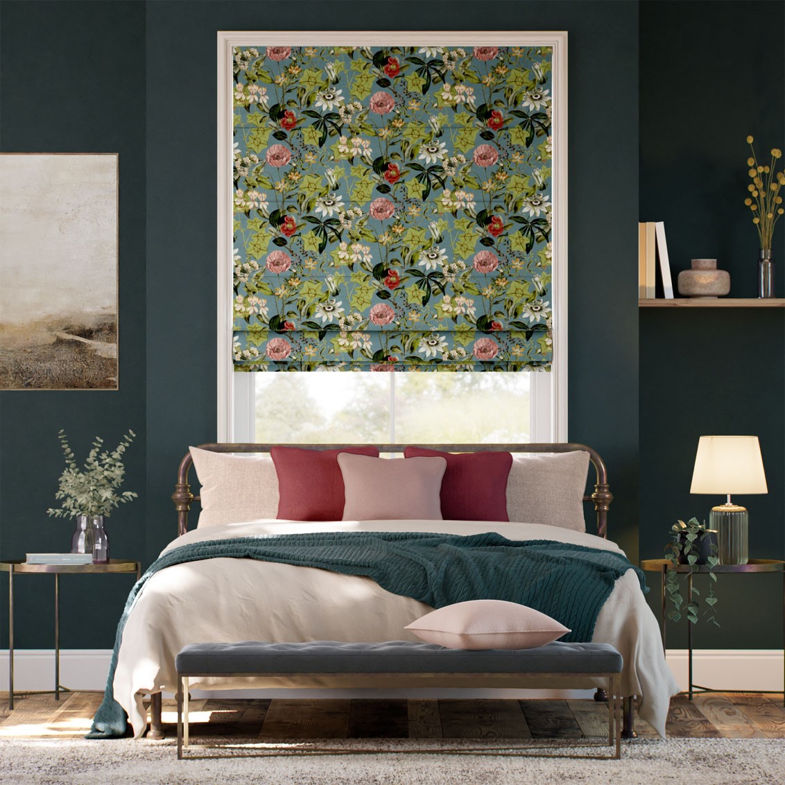 Passiflora Velvet Teal Blue Roman Blind