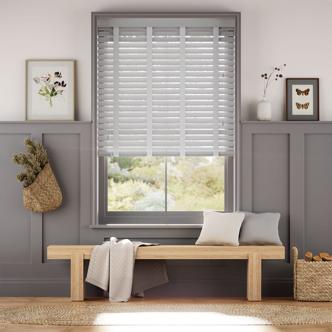Pearl Grey & Mist Wooden Blind with Tapes - 50mm Slat