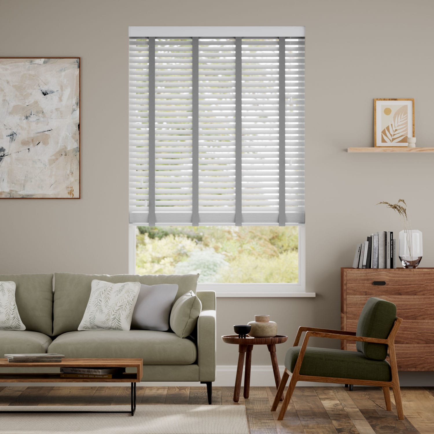 Pearl Grey & Steel Wooden Blind with Tapes - 50mm Slat