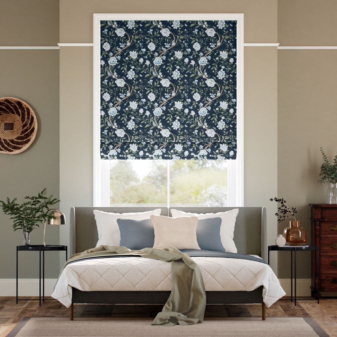 Porcelain Garden Rich Cerulean Roman Blind