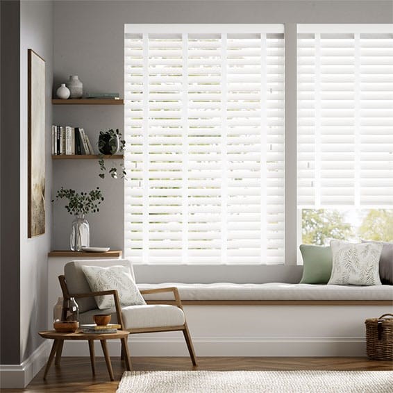 Pristine White & Tundra Faux Wood Blind - 64mm Slat