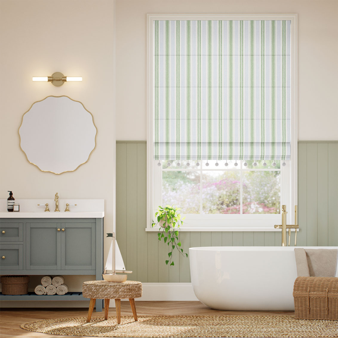 Regatta Stripe Pom-Pom Blue & Green Roman Blind