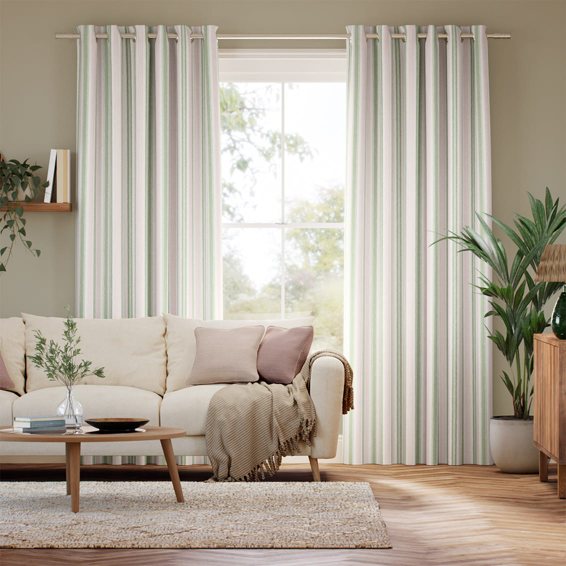 Regatta Stripe Green & Blush Curtains