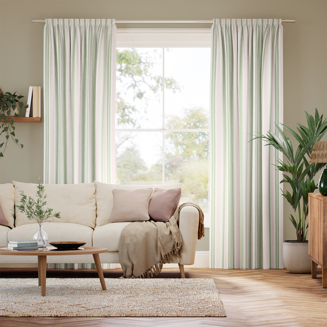 Regatta Stripe Green & Blush Curtains