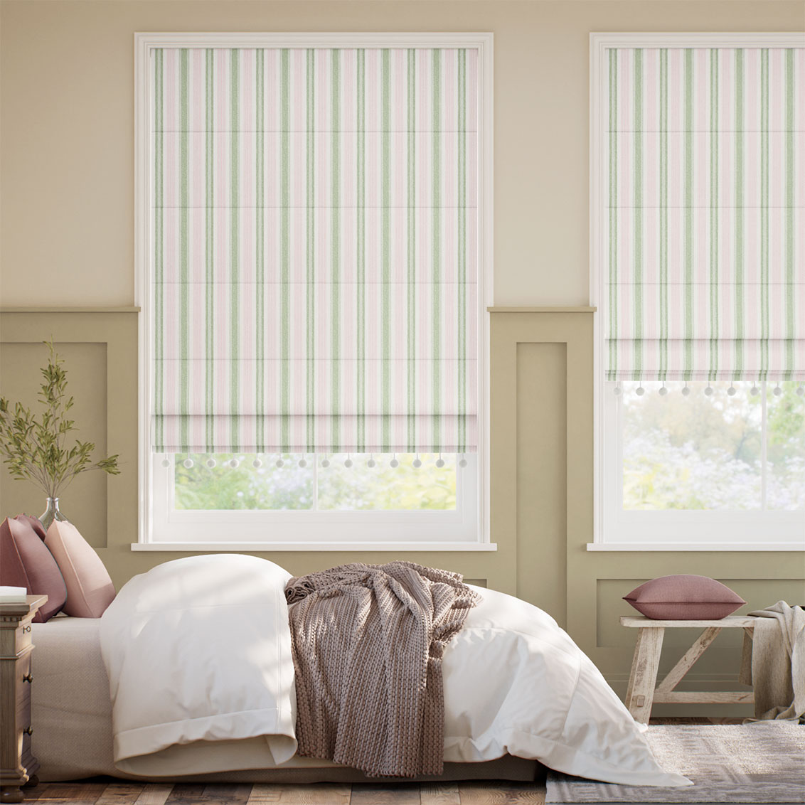 Regatta Stripe Pom-Pom Green & Blush Roman Blind