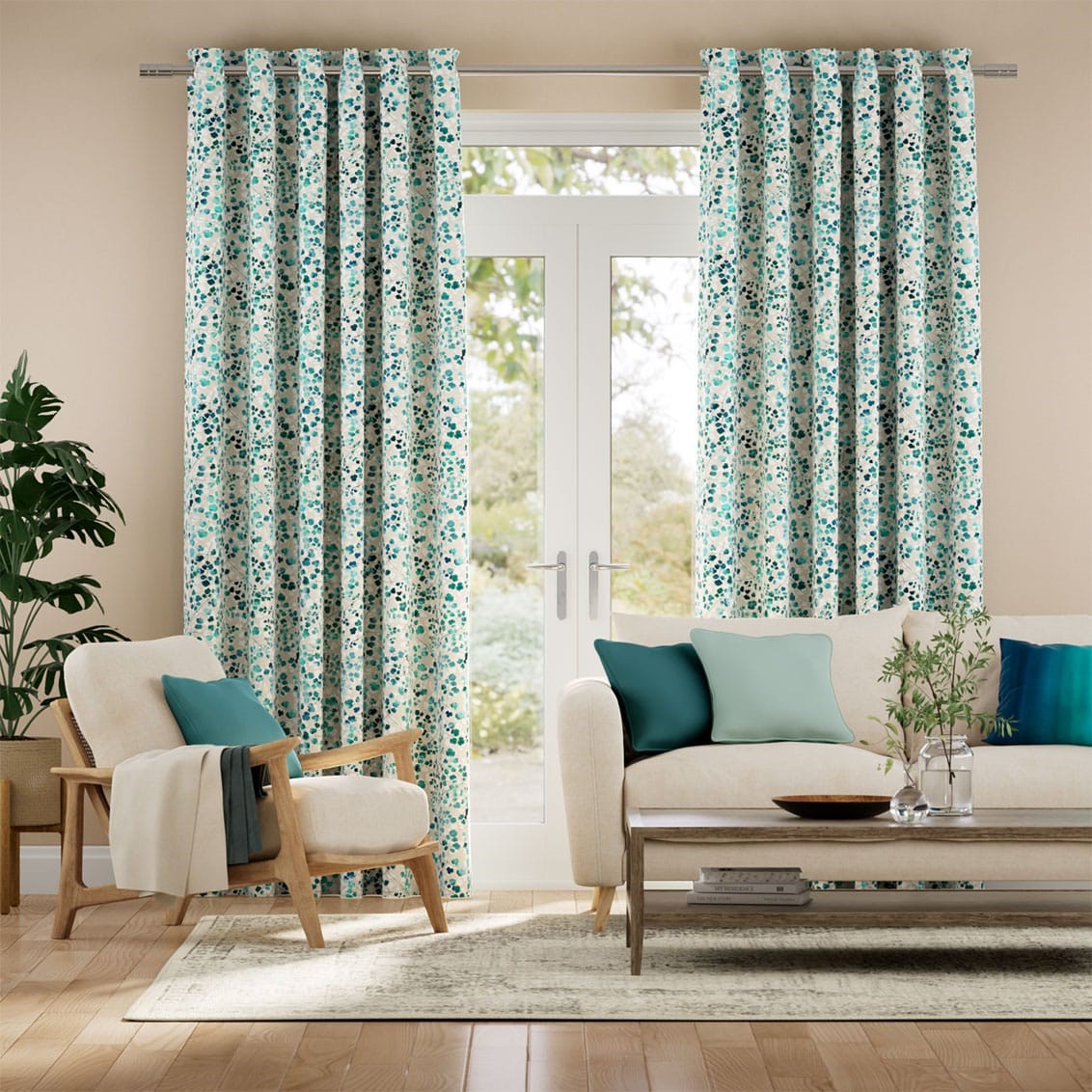 Rue Watercolour Teal Curtains