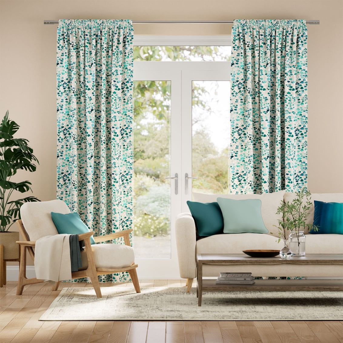 Rue Watercolour Teal Curtains