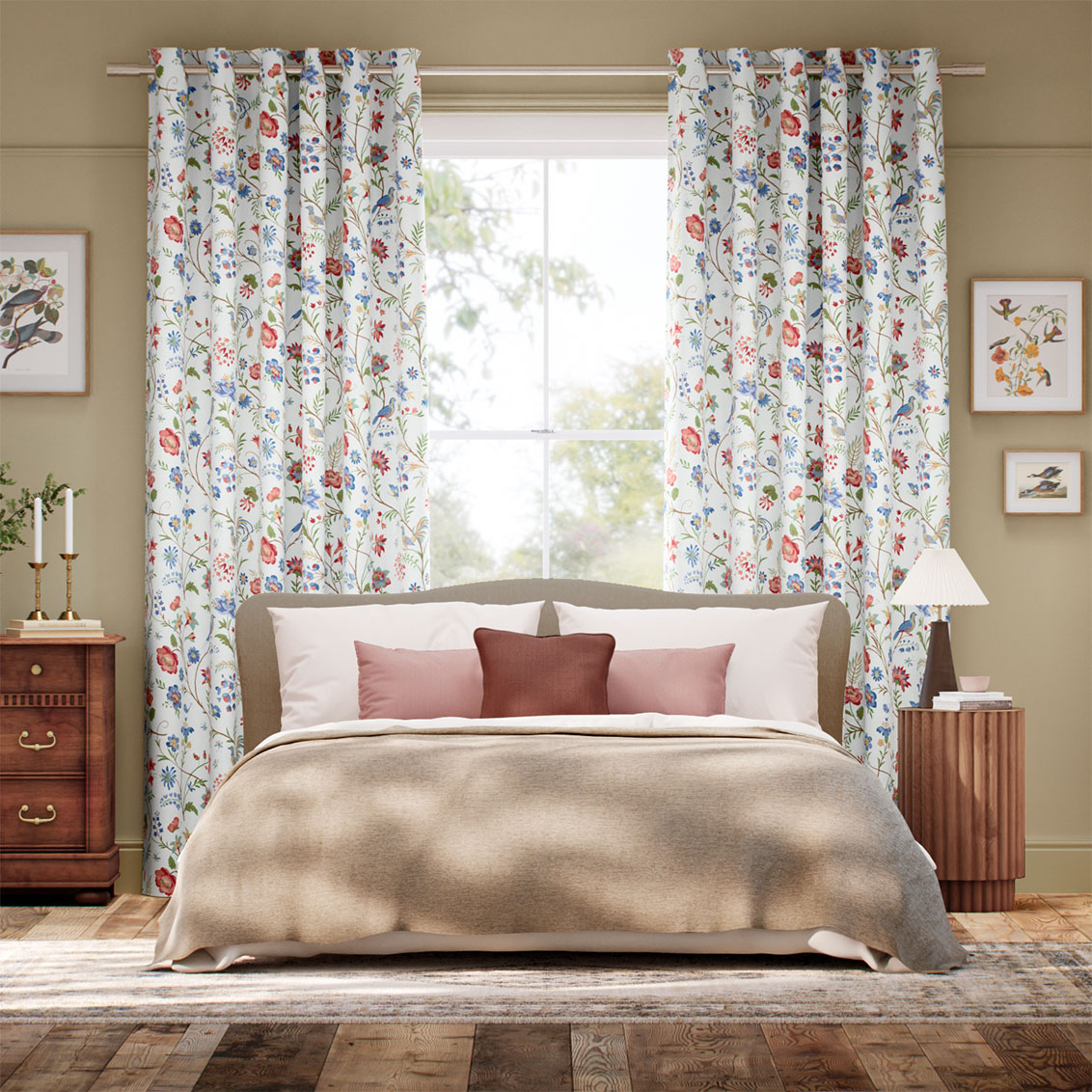 Songbird Blue & Red Curtains