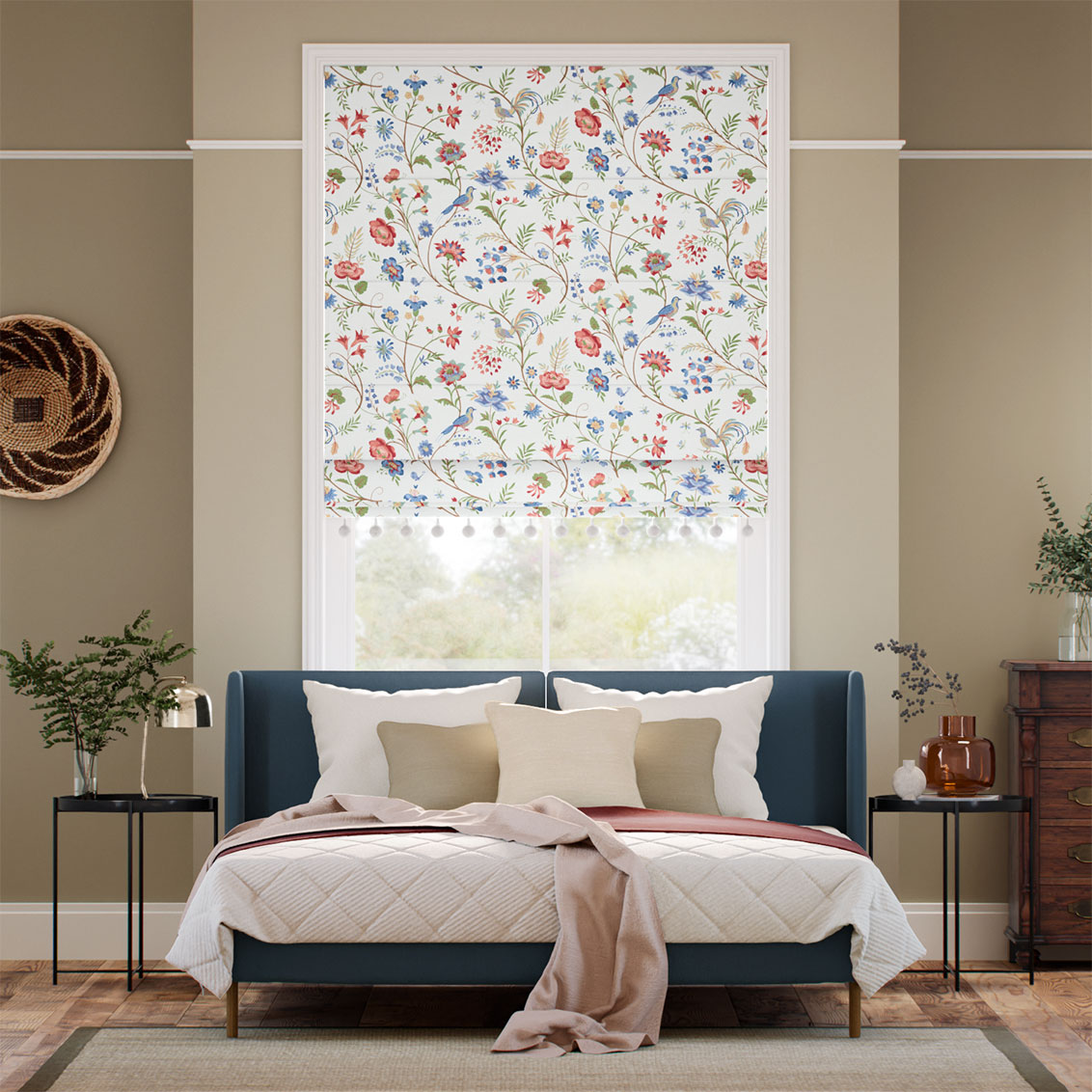 Songbird Pom-Pom Blue & Red Roman Blind