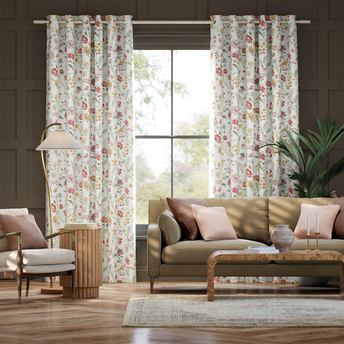 Songbird Green, Blush & Ochre Curtains