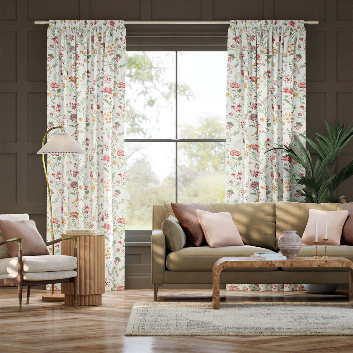 Songbird Green, Blush & Ochre Curtains