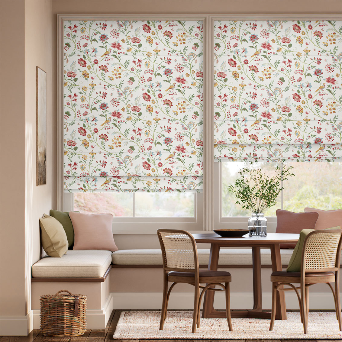 Songbird Green, Blush & Ochre Roman Blind