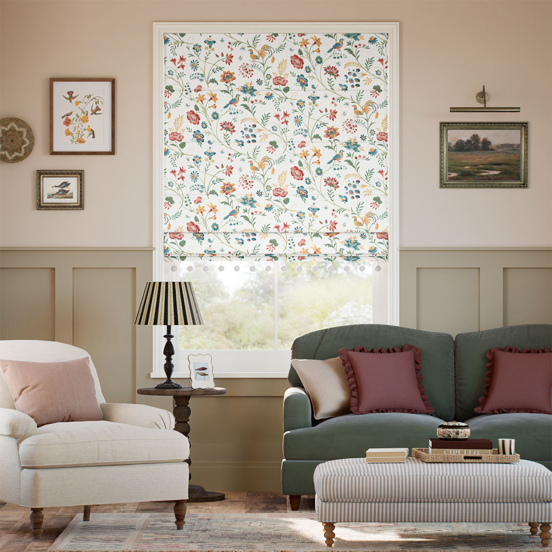 Songbird Pom-Pom Teal & Spice Roman Blind