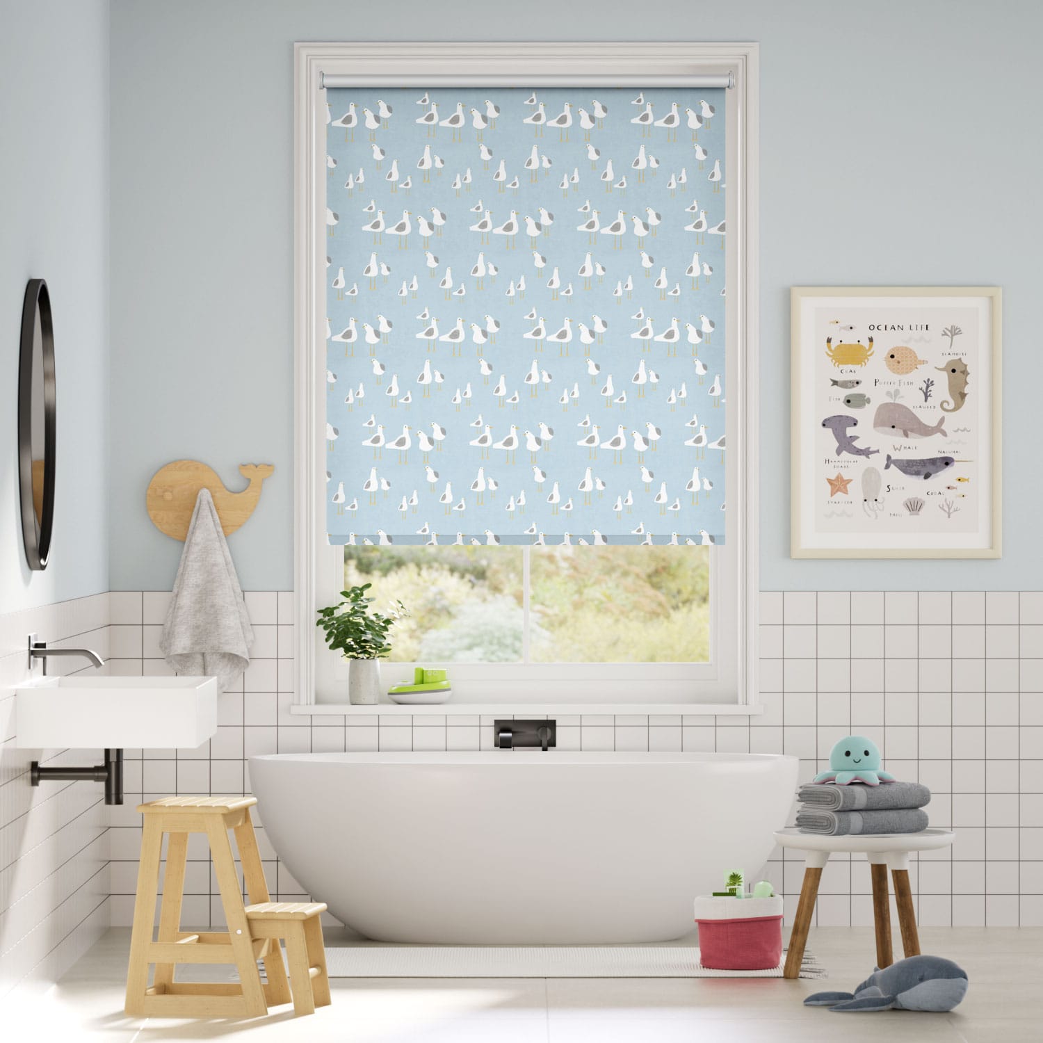 Splash Blackout Gulls Blue Haze Roller Blind