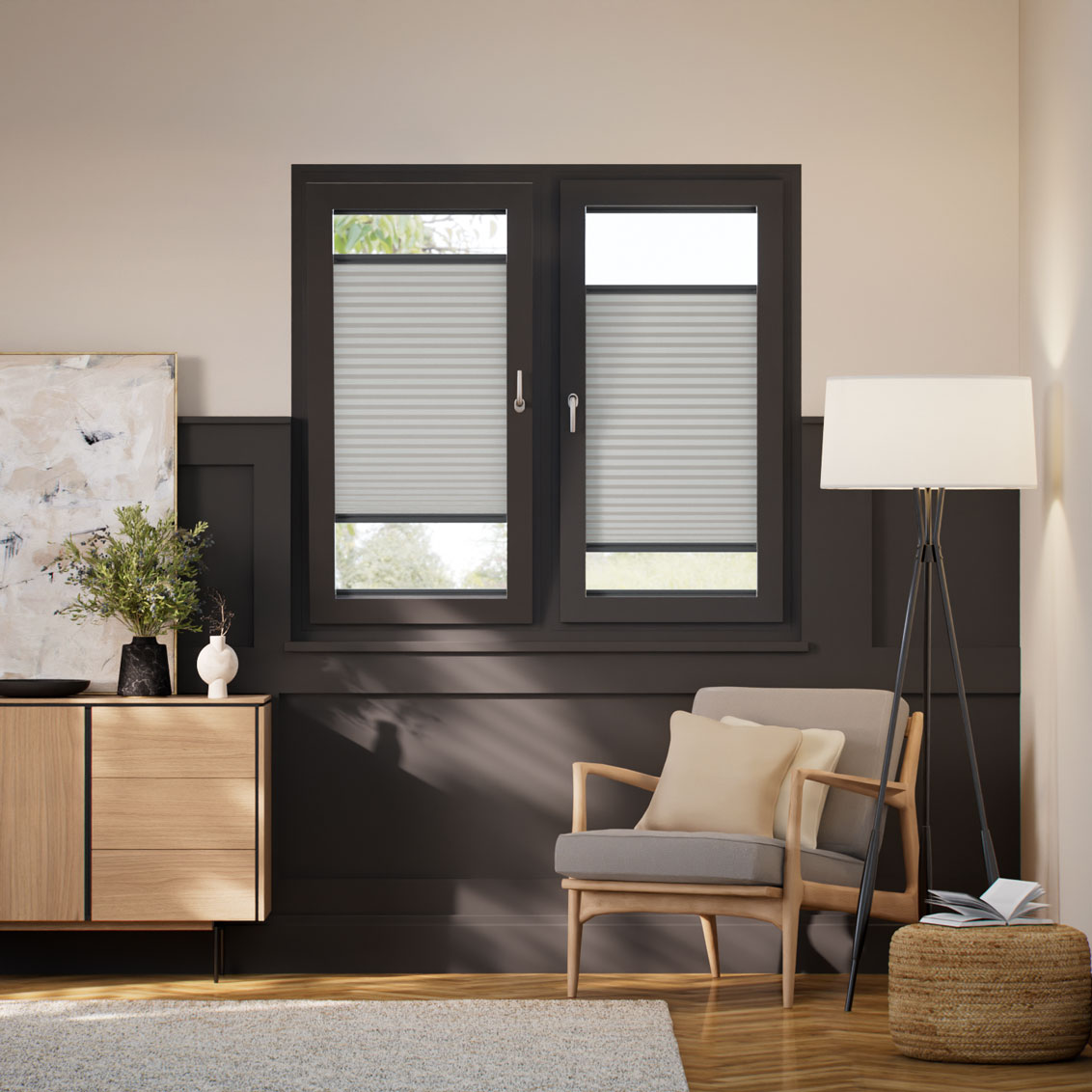 Stick On DuoShade Grey Wash Pleated Blind