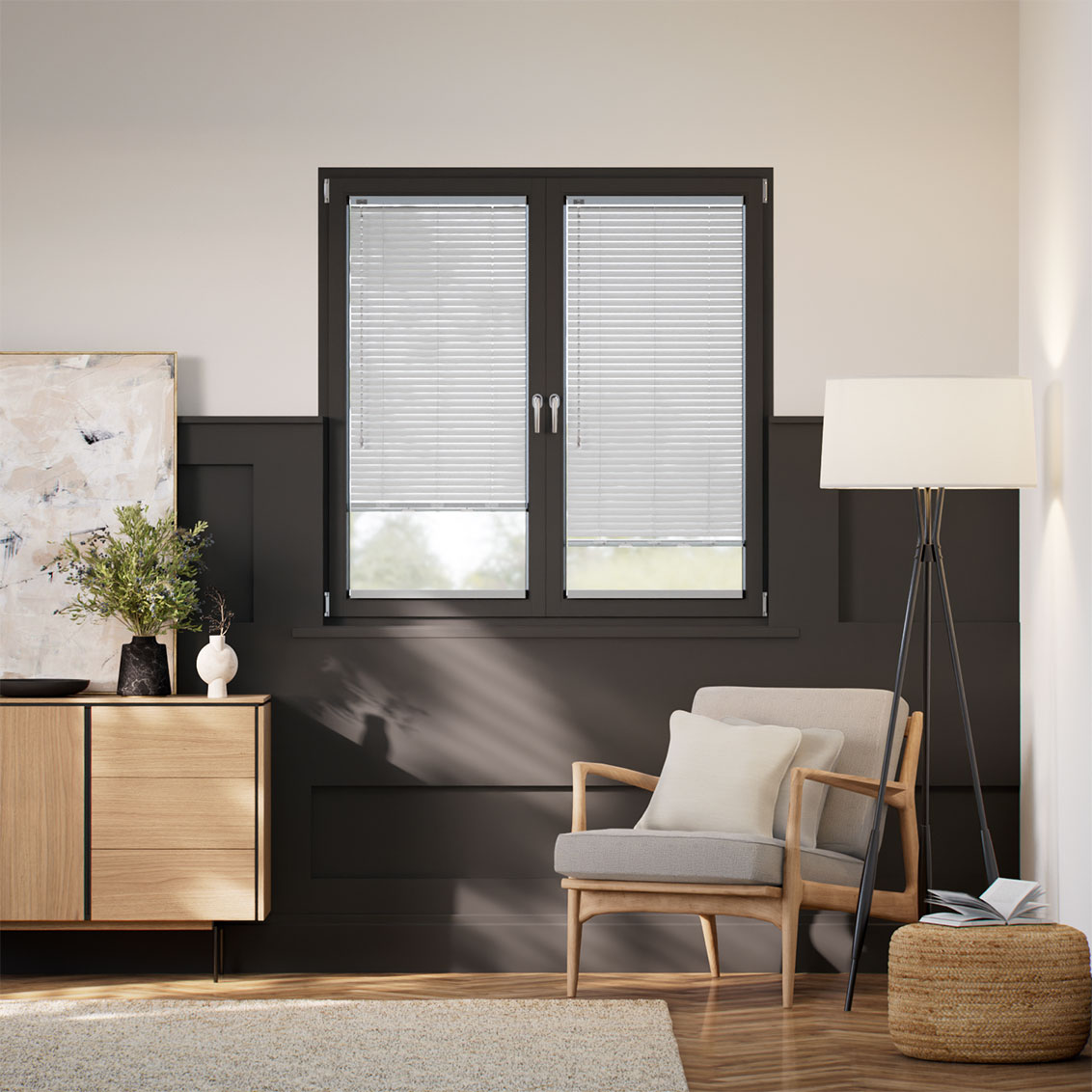 Stick On Studio Brushed Silver L-Shaped Venetian Blind - 25mm Slat