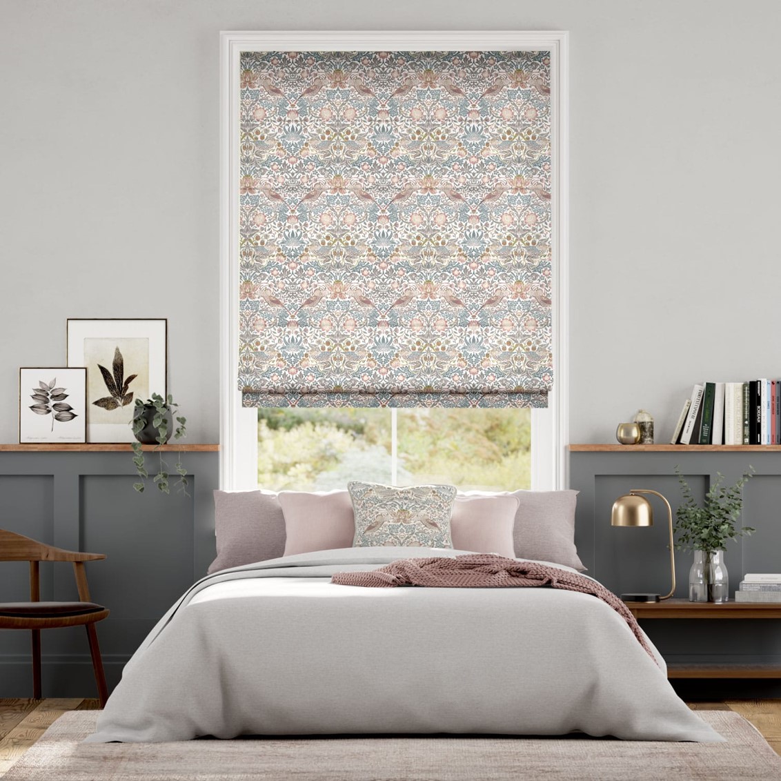 William Morris Strawberry Thief Rose Chalk Roman Blind