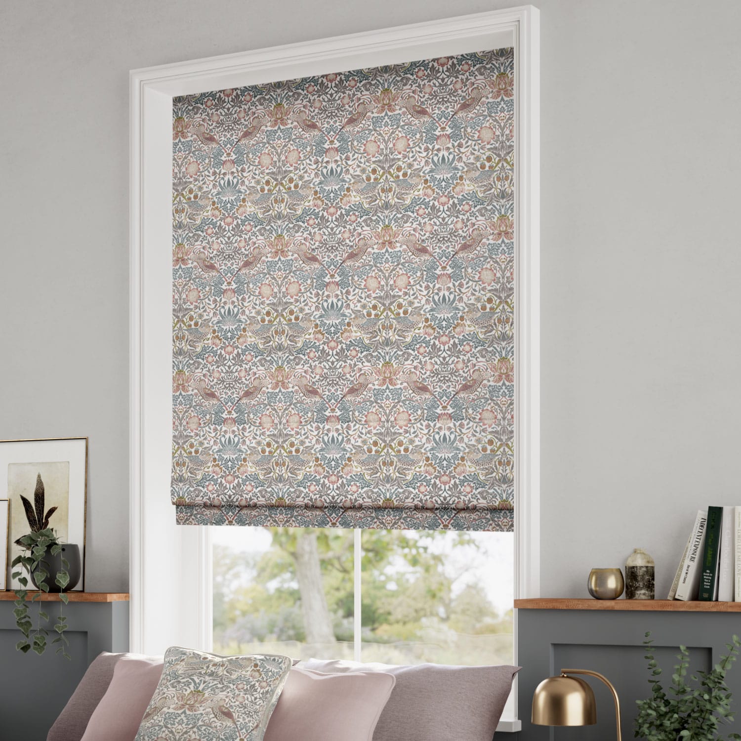 William Morris Strawberry Thief Rose Chalk Roman Blind