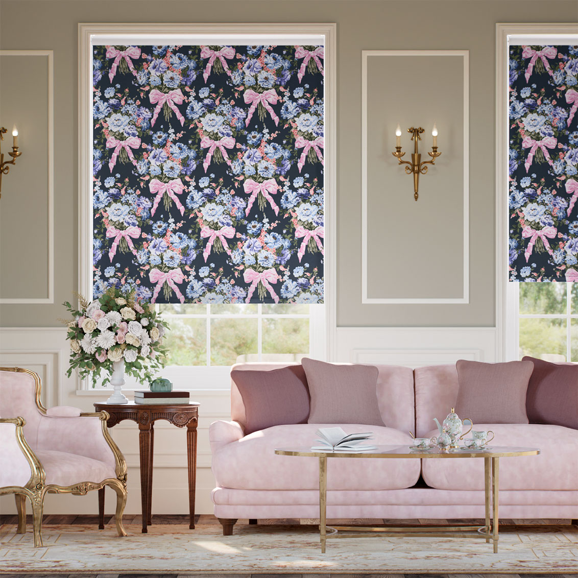 Twist2Go Bow Bouquet Faux Silk Navy Roller Blind