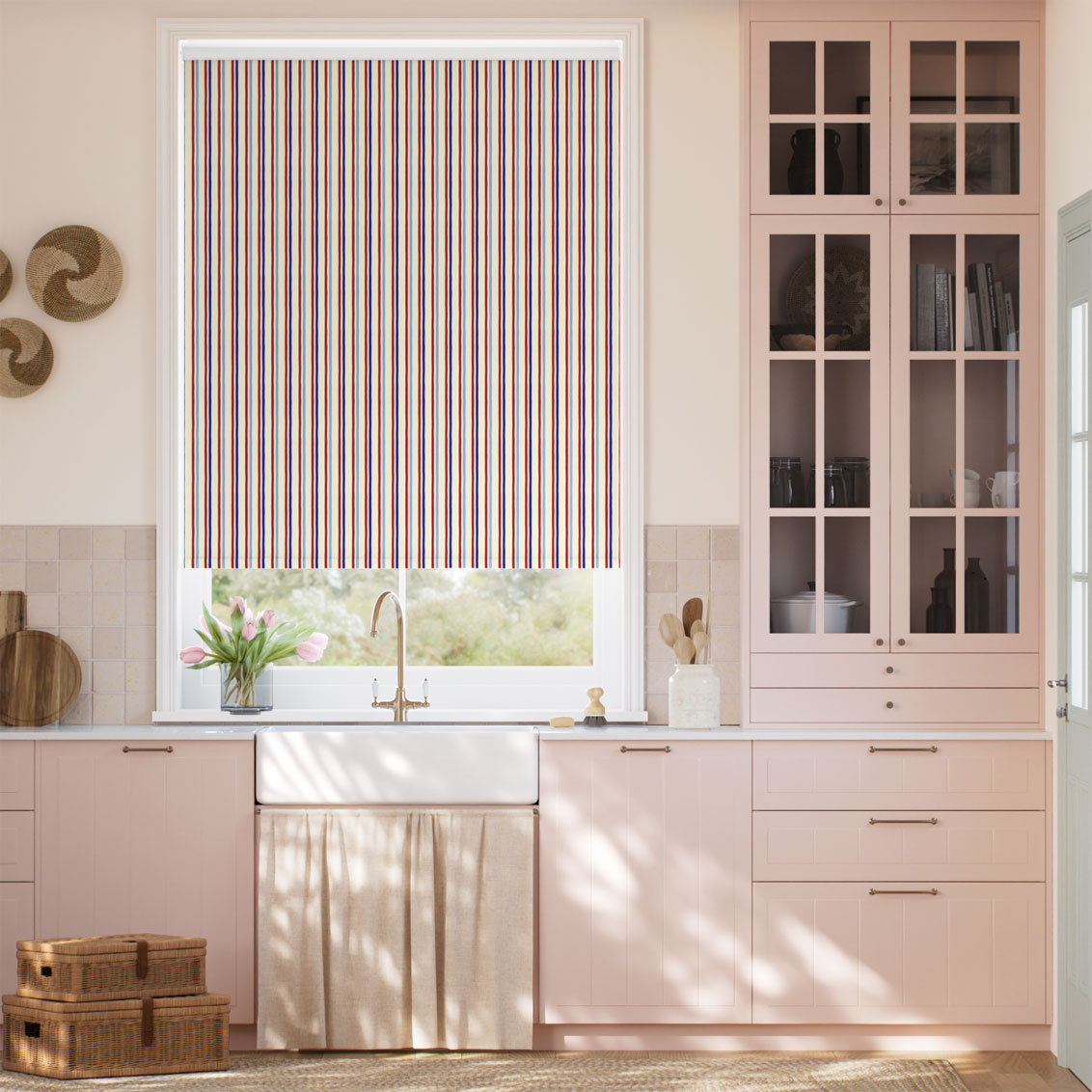 Twist2Go Hand Painted Stripes Cobalt & Polka Red Roller Blind